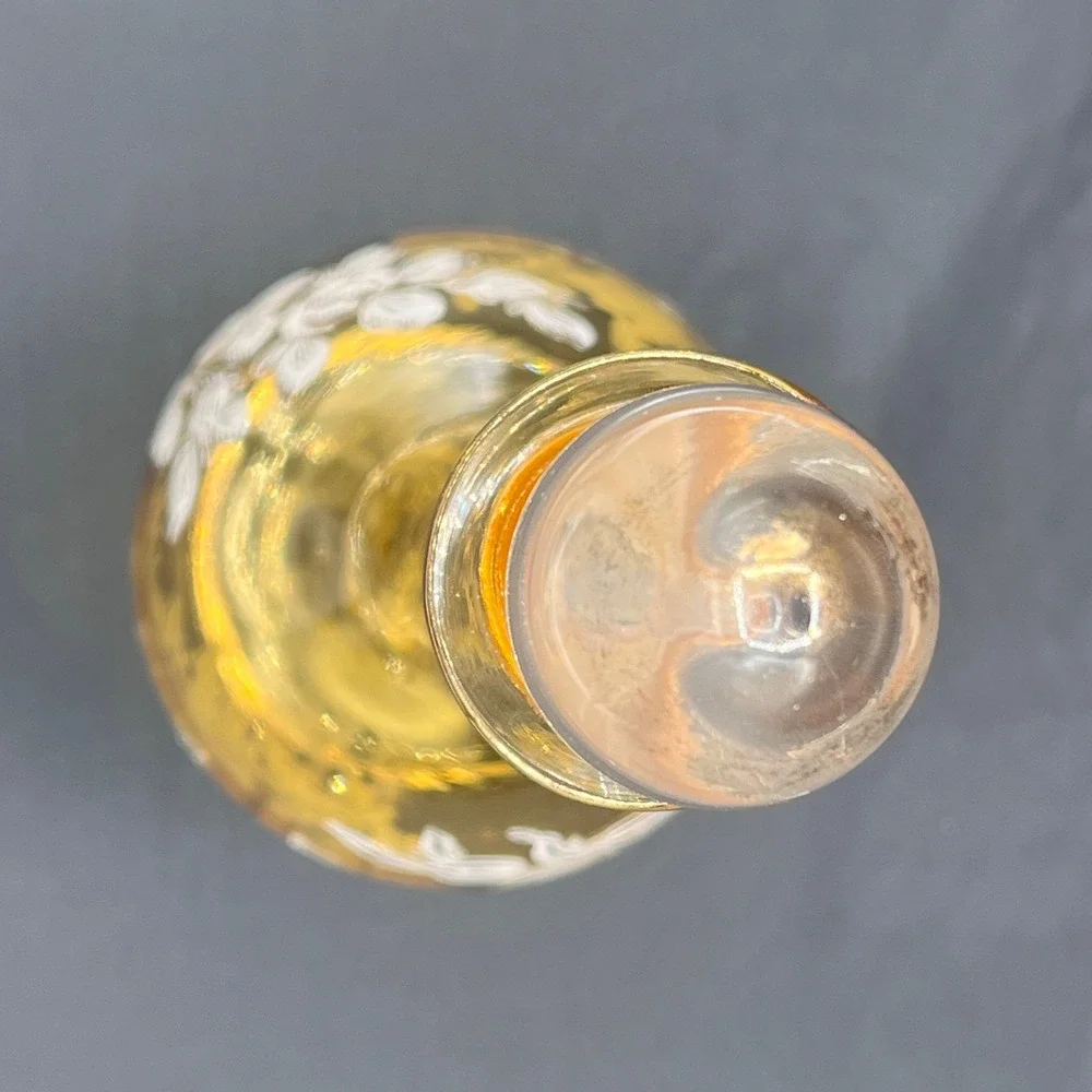 Vtg Amber Glass Decanter Floral Hand Painted Barware Carafe‎ 13.5